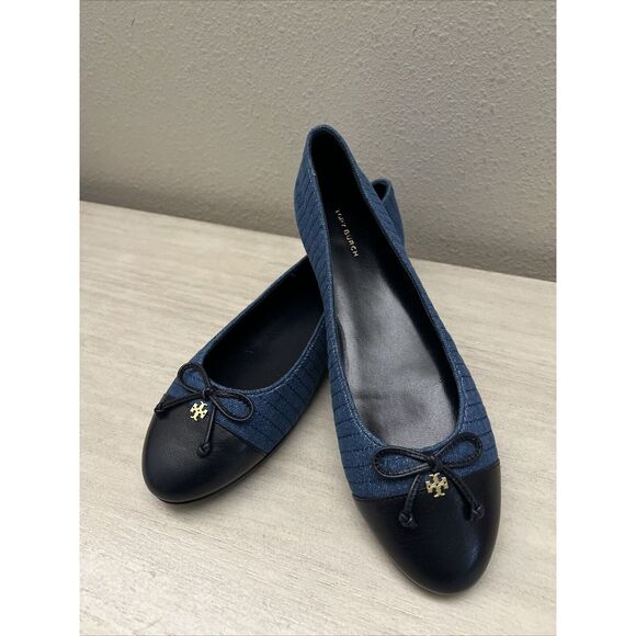 Tory Burch NIB Sz 9 Flats Cap-Toe Quilted Ballet Dark Blue Leather Denim Shoes - Picture 3 of 11